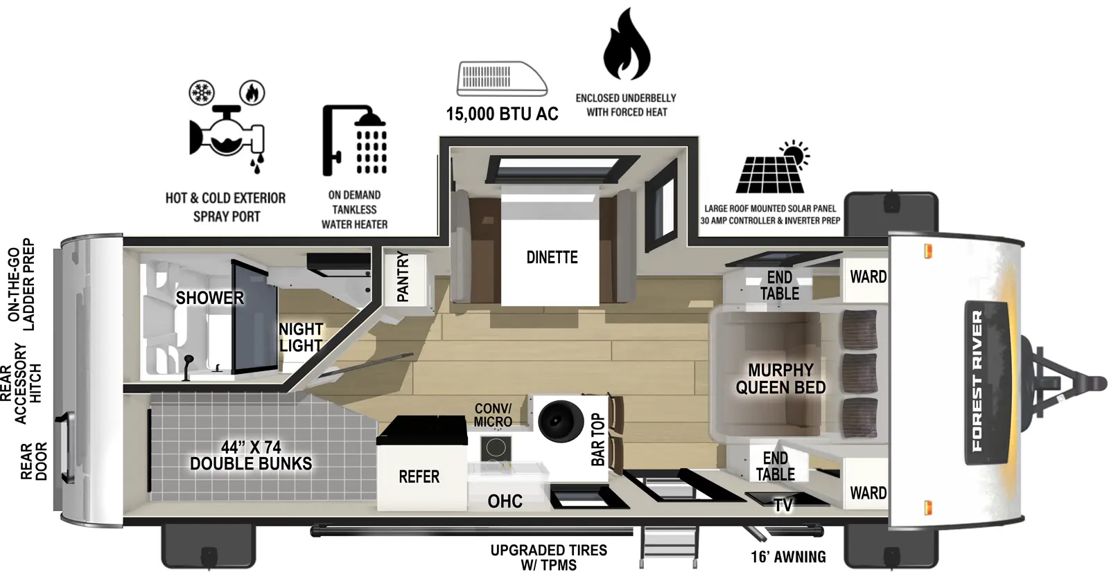 The RP-203 has one slideout and one entry. Exterior features 16 foot awning, upgraded tires with TPMS, hot and cold spray port, on-the-go ladder prep, rear accessory hitch, rear bunk storage door, on demand tankless water heater, 15,000 BTU air conditioner, enclosed underbelly with forced heat, and large roof mounted solar panel 30 amp controller & inverter prep. Interior layout front to back: murphy queen bed with wardrobe and end tables on each side, and door side TV; off-door side slideout with dinette, and a pantry; door side entry, kitchen counter with bar top and stools, sink, convection microwave, cooktop, overhead cabinet, and refrigerator; off-door side rear full bathroom with night light; door side rear double bunks.